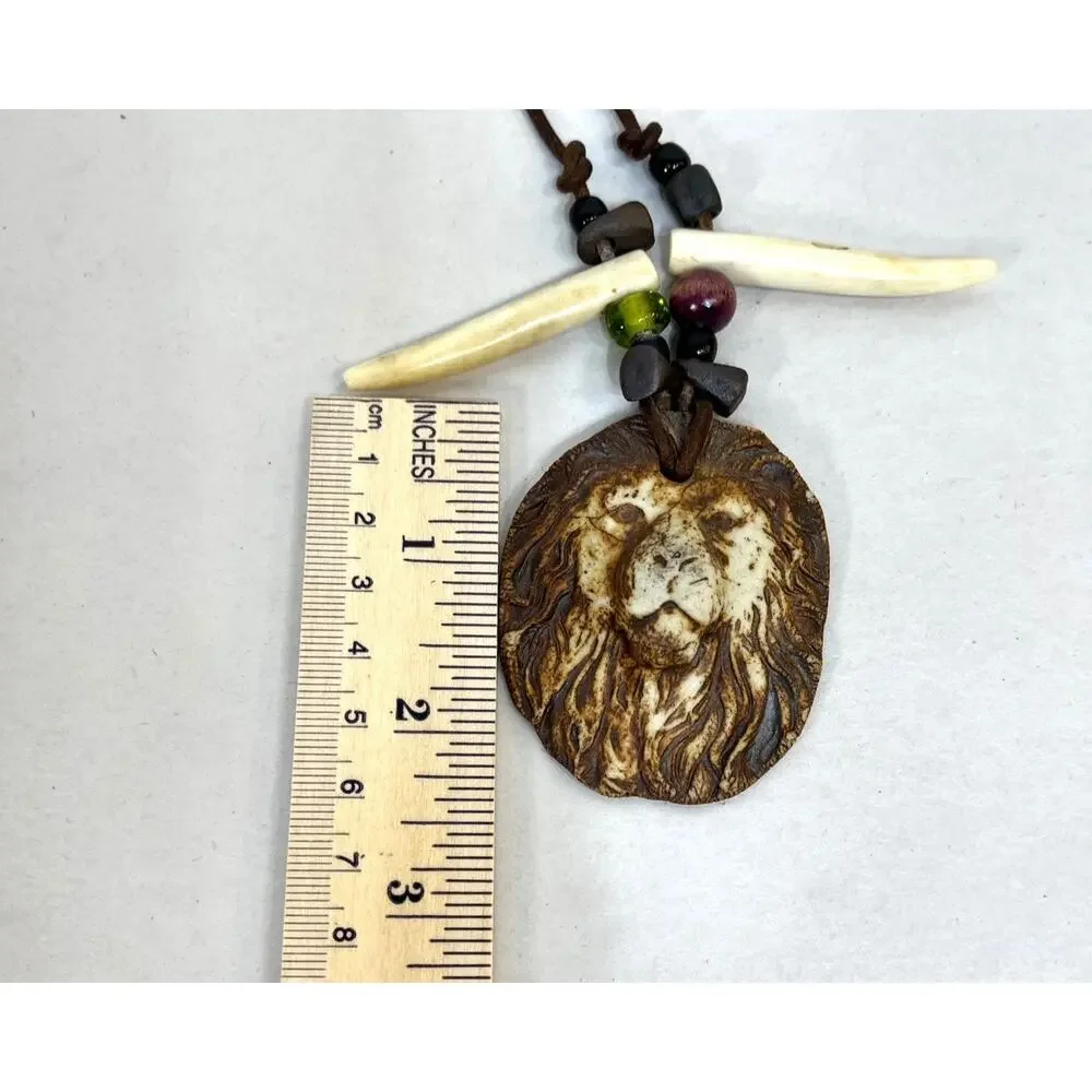 Lion Pendant Necklace Brown Cord 14